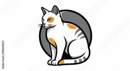 Stylized white cat with orange and gray markings sits attentively within a gray oval
