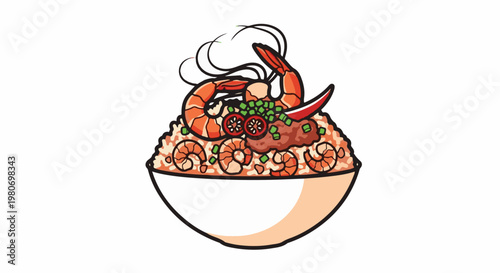A delicious bowl overflowing with savory rice, topped with plump shrimp and vibrant garnishes