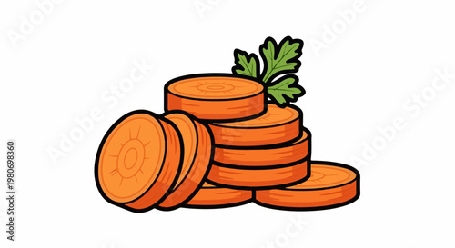 Stacked orange carrot slices with green leaves on a white background