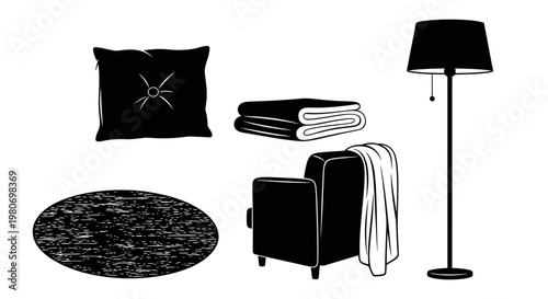 Black furniture and home decor items.