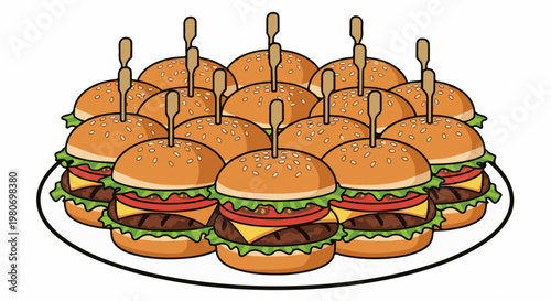 A pile of delicious mini cheeseburgers on a plate with toothpicks