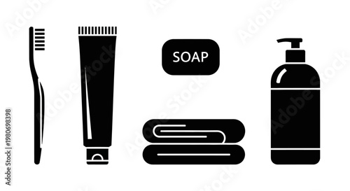 Black icons of bathroom toiletries.