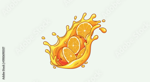 Oranges splashing in vibrant orange juice, creating dynamic liquid waves and droplets