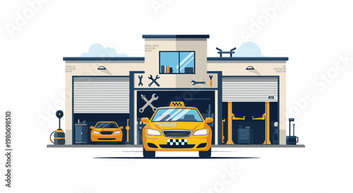 Yellow taxi and car in repair shop with tools and lifts