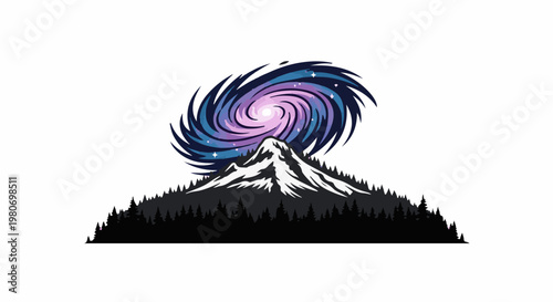 Pixelated mountain peak with swirling galaxy above dark forest
