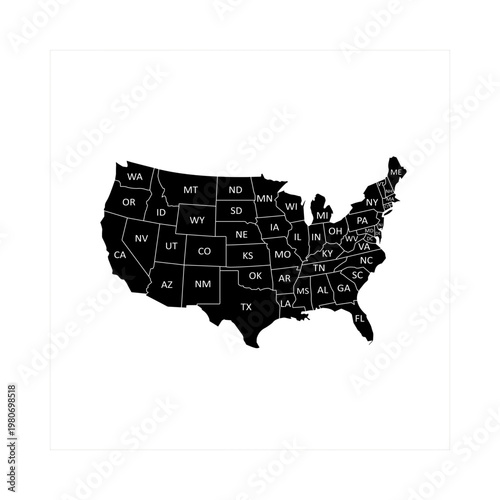 Black silhouette map of the United States of America displays all contiguous states clearly outlined, each distinctly labeled with its two-letter abbreviation, providing a precise geographic represent
