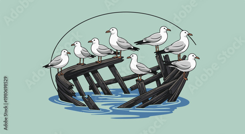 Seagulls rest on a weathered shipwreck in tranquil water