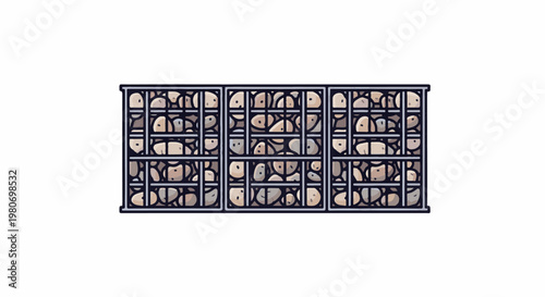Three sections of a gabion wall, filled with rounded stones, in a simplified style
