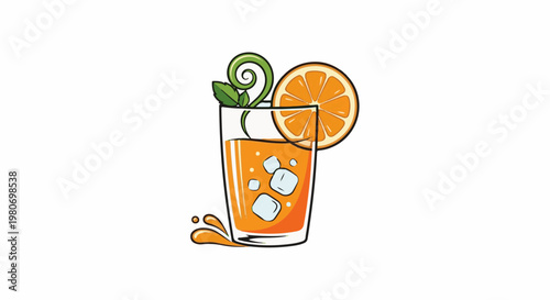 Refreshing orange juice in a glass with ice and garnish