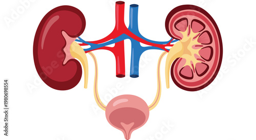 Detailed illustration of human kidneys and urinary system showing anatomy and function for medical education