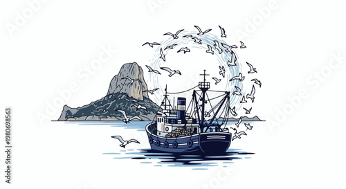 Fishing boat sails near rocky shore with circling gulls