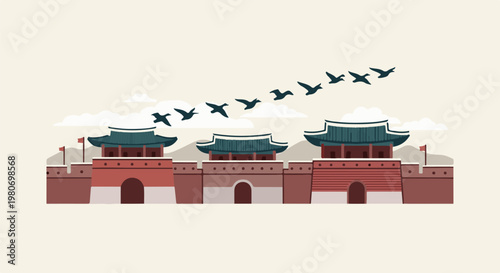 Stylized ancient fortified gate with three entrances and flying birds overhead