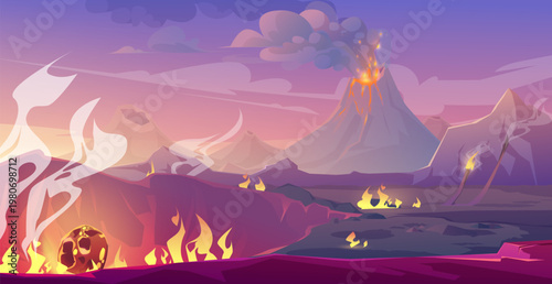 Fantasy volcanic landscape with erupting mountains.