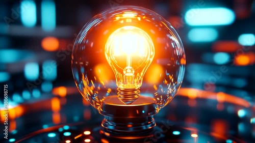 A glowing vintage light bulb radiates warmth in a futuristic, colorful tech environment