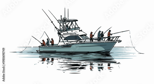 Fishing boat with people casting lines into the water at sunrise