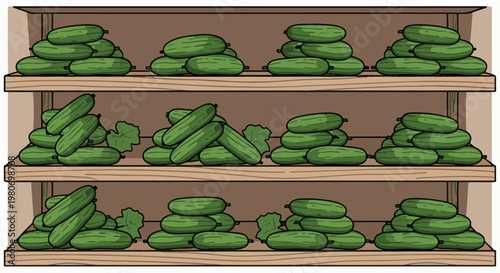A wooden crate displays three shelves stocked with piles of fresh green cucumbers