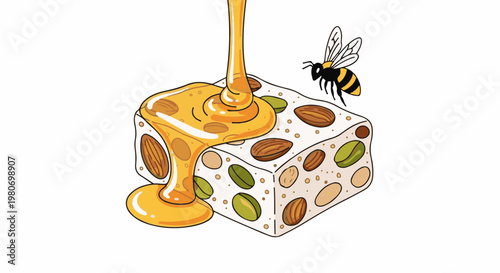 A piece of nougat with nuts and dripping honey, near a bee