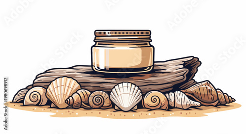 A jar of cream rests on driftwood surrounded by seashells on sand
