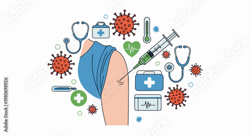 Close up on arm receiving vaccination, surrounded by medical items