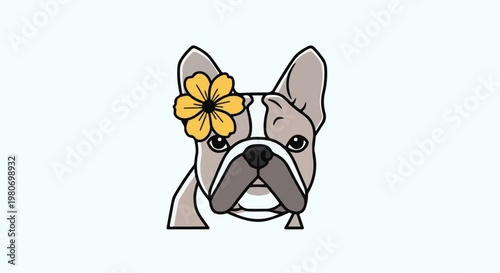 Cute French bulldog with a yellow flower on its head
