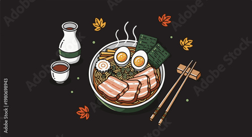 A steaming bowl of ramen with pork, eggs, and seaweed, beside sake
