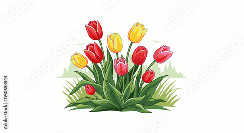 A vibrant bouquet of red and yellow tulips in lush green foliage
