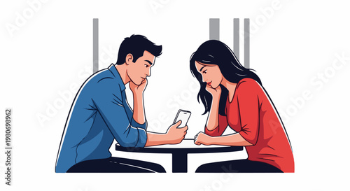 A couple sits at a table, both looking at a smartphone with bored expressions