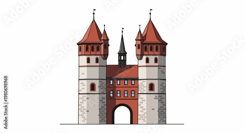 Pixelated illustration of a historical gatehouse with twin towers and red roofs