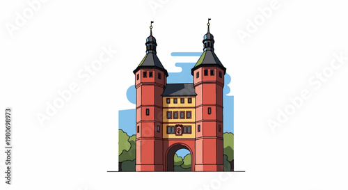 Colorful illustration of a historical gateway with two towers and arch