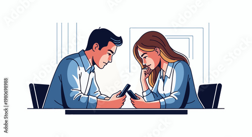 Two colleagues engrossed in their smartphones at a table