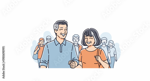 Cheerful diverse group of people walking together in a lighthearted style