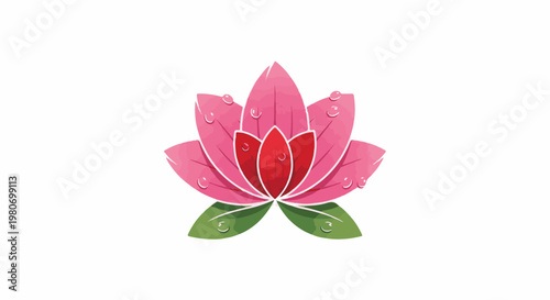 Delicate pink lotus with dew drops, vibrant petals and green leaves