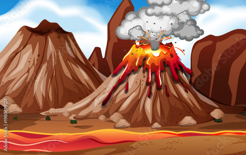 Cartoon erupting volcano with lava beside forested lake.