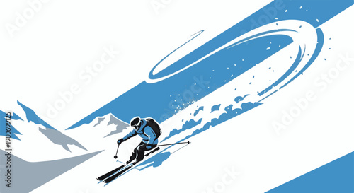 A skier glides down a snowy mountain slope amidst abstract blue curves