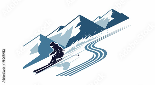 Silhouette skier descends steep mountain slope amidst snowy peaks