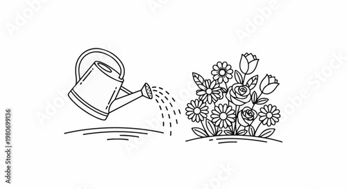 A black and white outline drawing of a watering can pouring water onto a bed of flowers