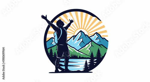 Hiker with arms raised against mountain and sun graphic