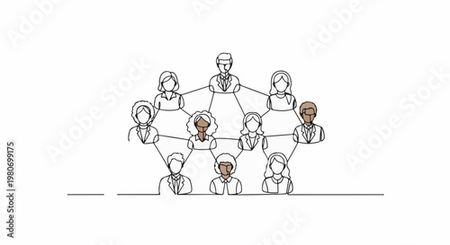 A simplified line drawing depicting a network of diverse people connected by lines