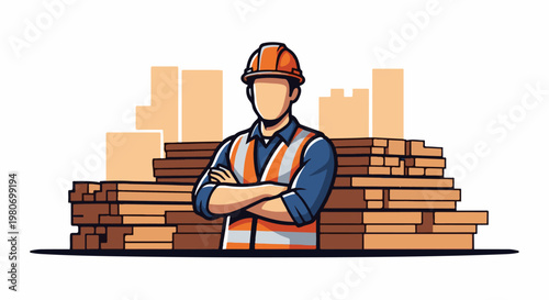 A construction worker in protective gear stands in front of stacks of lumber