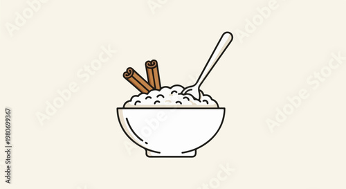White bowl of rice pudding with cinnamon sticks and a fork