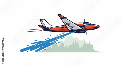 Twin engine airplane spraying water over forest and mountains