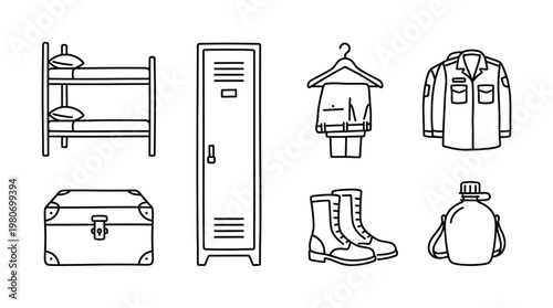 Collection of military draft icons military icon, military uniform, and trunk, representing military life and service, editable simple stroke icon set, vector eps file theme