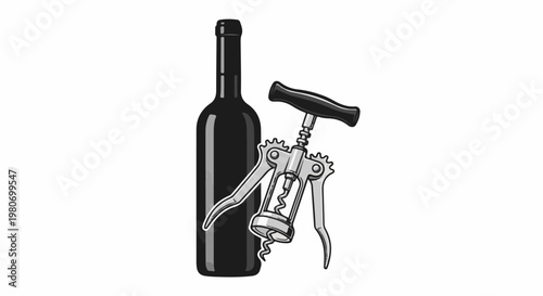 A black bottle and a metal corkscrew on a white background