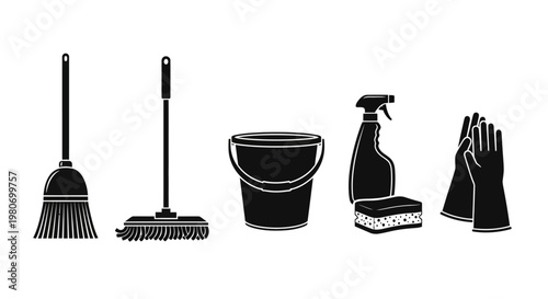 Cleaning supplies on a white background.