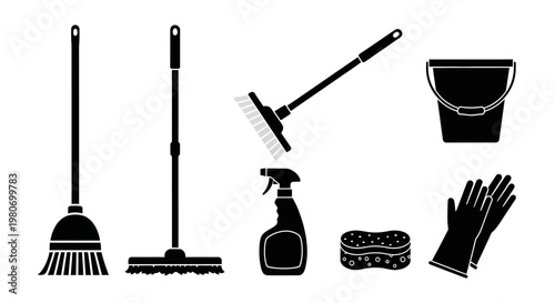 Cleaning tools and supplies collection.