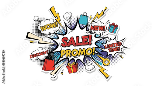 Dynamic comic book style illustration announcing a special sale and promotional offer, perfect for marketing campaigns and discount advertisements with energetic visuals