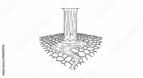 Abstract waterfall over rocky terrain, a single stream emerges