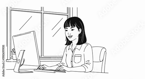 Young person using a computer at a desk next to a window