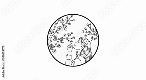 Young woman admiring delicate blossoms on flowering branches within a circle