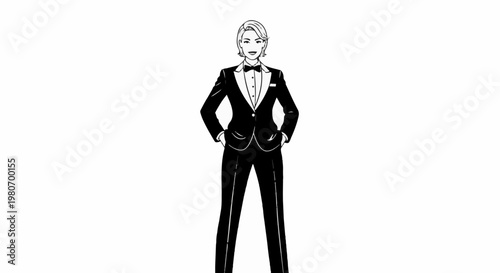 Woman in a black tuxedo with a white shirt and bow tie